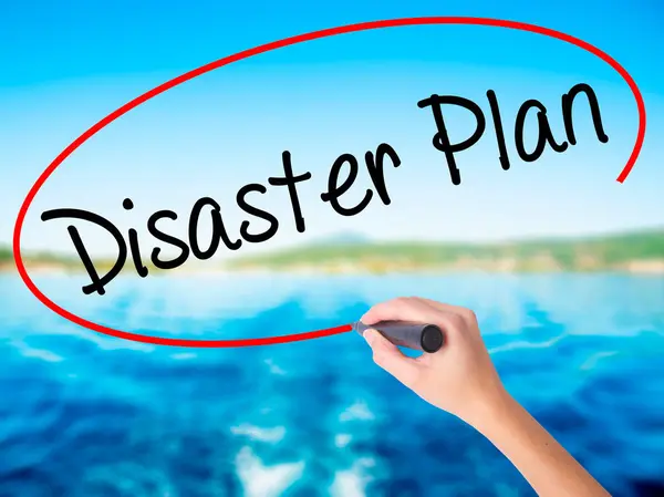 Woman Hand Writing Disaster Plan with a marker over transparent — Stock Photo, Image