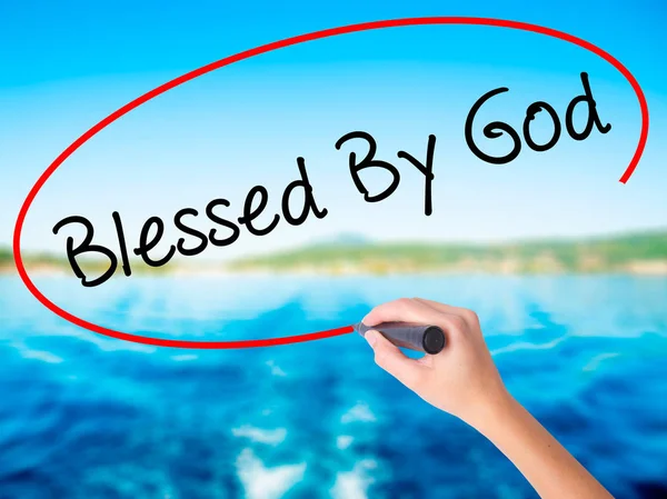 Woman Hand Writing Blessed By God with a marker over transparent — Stock Photo, Image