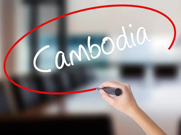 Woman Hand Writing Cambodia  with a marker over transparent boar — Stock Photo, Image