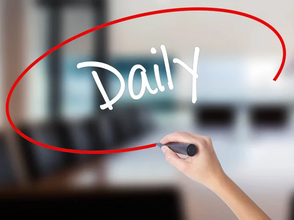 Woman Hand Writing Daily with a marker over transparent board — Stock Photo, Image