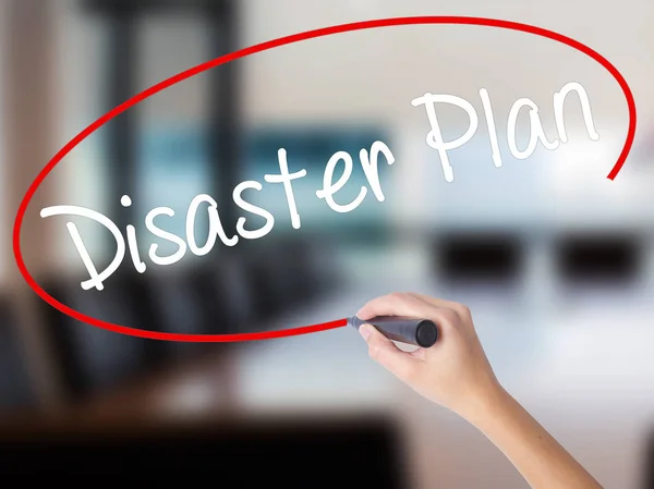 Woman Hand Writing Disaster Plan with a marker over transparent — Stock Photo, Image