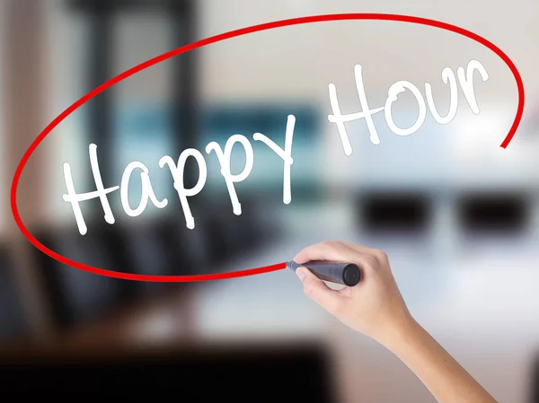 Woman Hand Writing Happy Hour with a marker over transparent boa — Stock Photo, Image