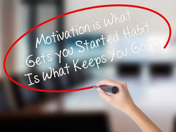Woman Hand Writing Motivation is What Gets you Started Habit Is