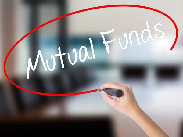 Woman Hand Writing Mutual Funds  with a marker over transparent — Stock Photo, Image