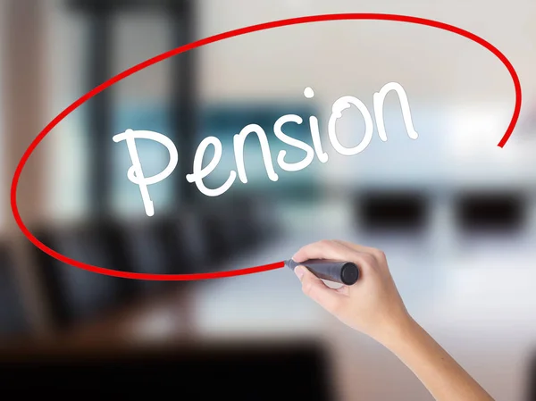 Woman Hand Writing  Pension with a marker over transparent board — Stock Photo, Image