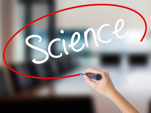 Woman Hand Writing Science with a marker over transparent board — Stock Photo, Image