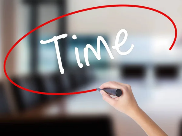 Woman Hand Writing Time with a marker over transparent board — Stock Photo, Image