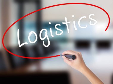 Kadın el yazma lojistik şeffaf domuz üzerinde bir marker ile