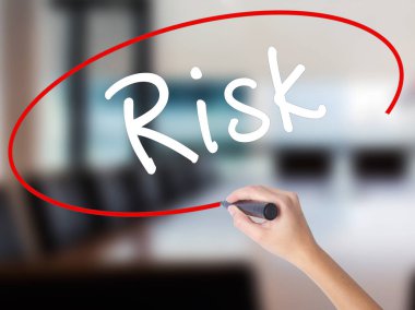 Kadın el yazma Risk şeffaf kartı bir marker ile