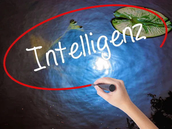 Kvinna Hand skrivande Intelligenz (intelligens på tyska) med mar — Stockfoto