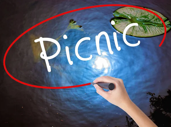 Frau schreibt Picknick mit Filzstift über transparente Tafel — Stockfoto
