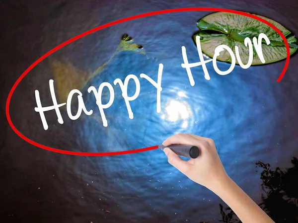 Woman Hand Writing Happy Hour with marker over transparent board — Stock Photo, Image