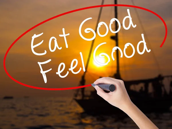 Nő kézzel írás enni jó Feel Good, mint transpa marker — Stock Fotó