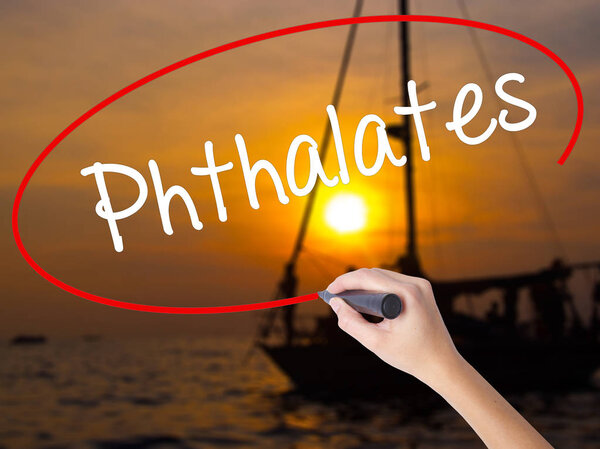 Woman Hand Writing  Phthalates  with a marker over transparent b