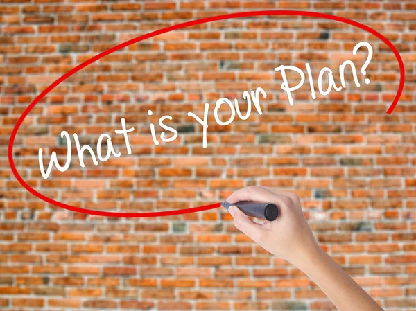 Woman Hand Writing What is your Plan? with black marker on visua