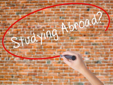 Yurt dışında eğitim yazma kadın el? görsel dağ eteğindeki taş yığını üzerinde siyah kalemi