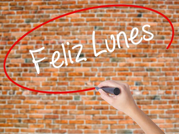 Nő kézzel írás Feliz szombat (spanyolul Boldog hétfő) bl — Stock Fotó