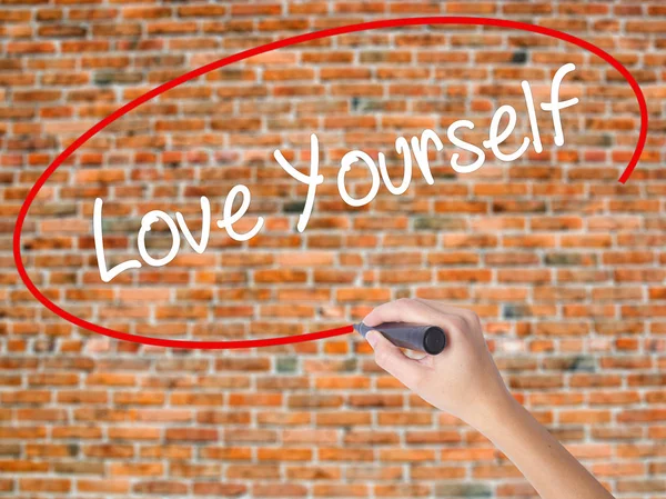 Woman Hand Writing Scope with a marker over transparent board — Stock Photo, Image