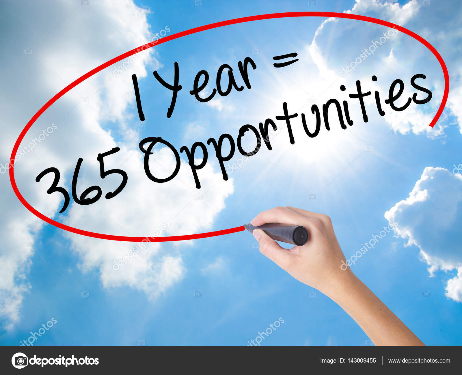 Woman Hand Writing 1 Year 365 Opportunities With Black Marker Stock Photo C J Dudzinski