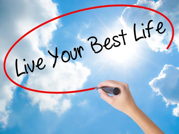 Woman Hand Writing Live Your Best Life with black marker on visu — Stock Photo, Image