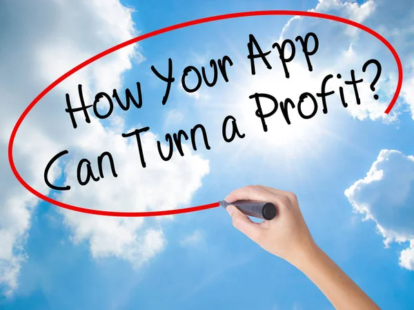 Woman Hand Writing How Your App Can Turn a Profit? with black ma