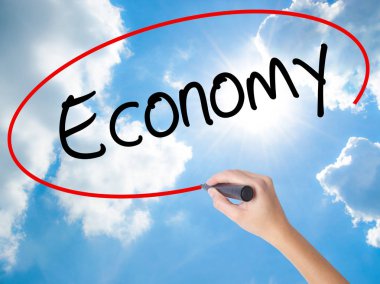 Görsel ekran siyah kalemi ile kadın el yazma Ekonomi.