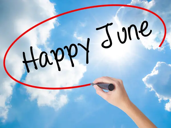 Woman Hand Writing Happy June with black marker on visual screen — Stock Photo, Image