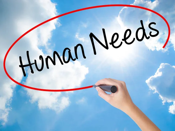 Woman Hand Writing Human Needs with black marker on visual scree