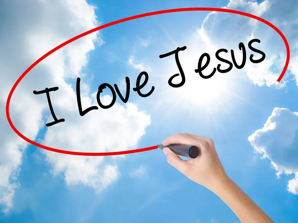 Frau Handschrift ich liebe Jesus mit schwarzem Marker auf visuelle Narbe — Stockfoto