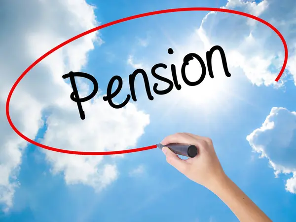 Woman Hand Writing  Pension with black marker on visual screen — Stock Photo, Image