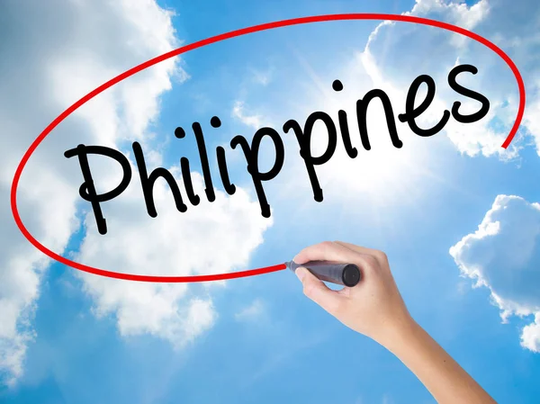 Woman Hand Writing Philippines with black marker on visual scree — Stock Photo, Image