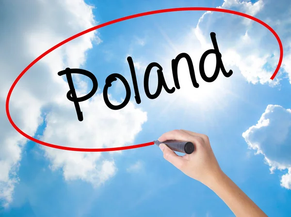 Woman Hand Writing Poland  with black marker on visual screen — Stock Photo, Image