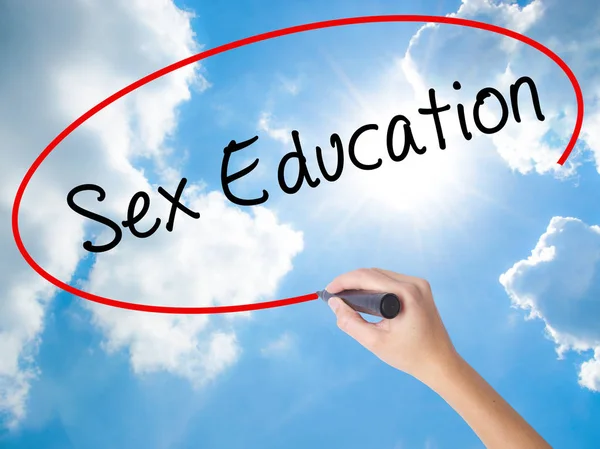 Woman Hand Writing Sex Education with black marker on visual scr — Stock Photo, Image