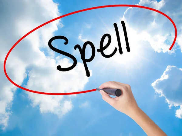 Woman Hand Writing Spell with black marker on visual screen — Stock Photo, Image