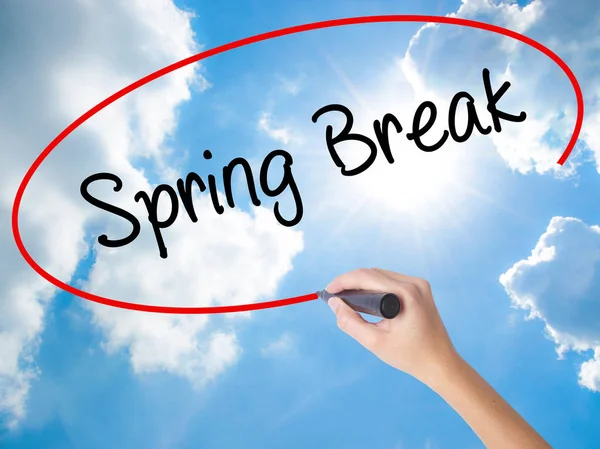 Woman Hand Writing Spring Break No with black marker on visual s — Stock Photo, Image