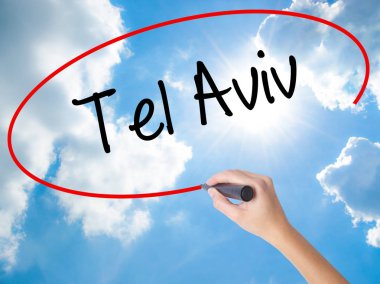 Woman Hand Writing Tel Aviv  with black marker on visual screen clipart