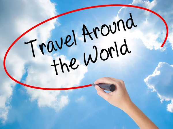 Woman Hand Writing Travel Around the World with black marker on — Stock Photo, Image