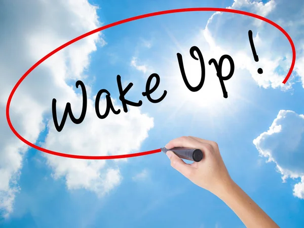 Woman Hand Writing Wake Up with black marker on visual screen — Stock Photo, Image