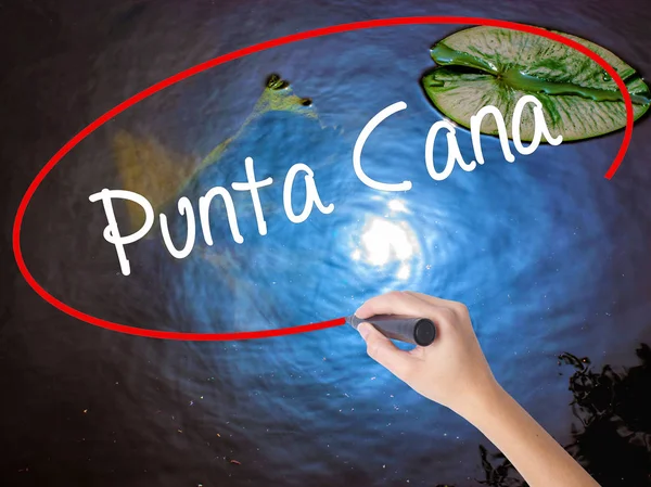 Mulher Mão Escrevendo Punta Cana com marcador sobre placa transparente — Fotografia de Stock