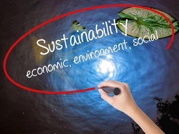 Женская рукопись Устойчивое развитие экономики, окружающей среды, социальной — стоковое фото