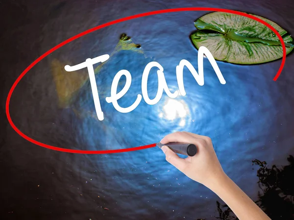 Woman Hand Writing Team with marker over transparent board — Stock Photo, Image