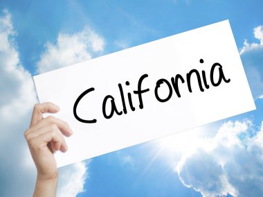 California tabelada beyaz kağıt. Holding adam el kağıt metinle