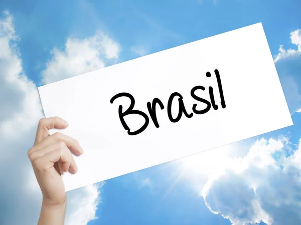 Brasil (Brazil in het Portugees) teken op wit papier. Man Hand Ho — Stockfoto