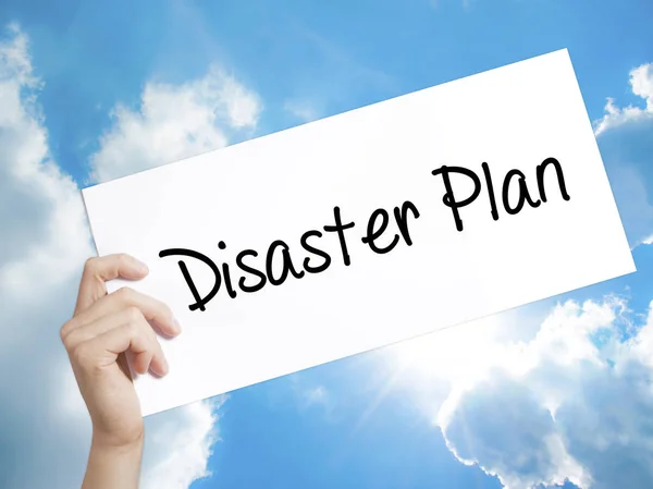 Disaster Plan Sign on white paper. Man Hand Holding Paper with t — Stock Photo, Image