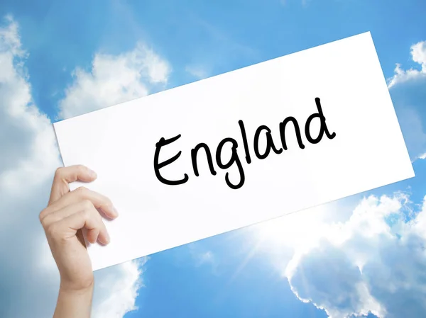 Anglie znamení na bílém papíře. Člověk ruku drží papír s textem. Já — Stock fotografie