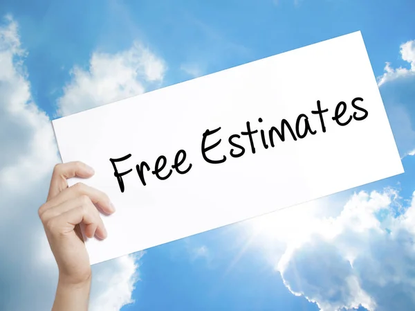 Free Estimates Sign on white paper. Man Hand Holding Paper with — Stock Photo, Image