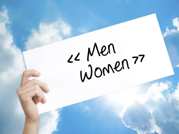 Men - Women Sign on white paper. Man Hand Holding Paper with tex — Stock Photo, Image