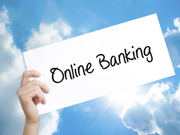 Online Banking σημάδι στη Λευκή Βίβλο. Ο άνθρωπος χέρι εκμετάλλευση χαρτί με — Φωτογραφία Αρχείου