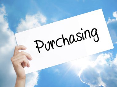 Beyaz kağıt satın alma işareti. Holding adam el kağıt metinle