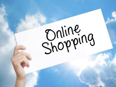 Online alışveriş tabelada beyaz kağıt. Adam el Holding Kağıt ile